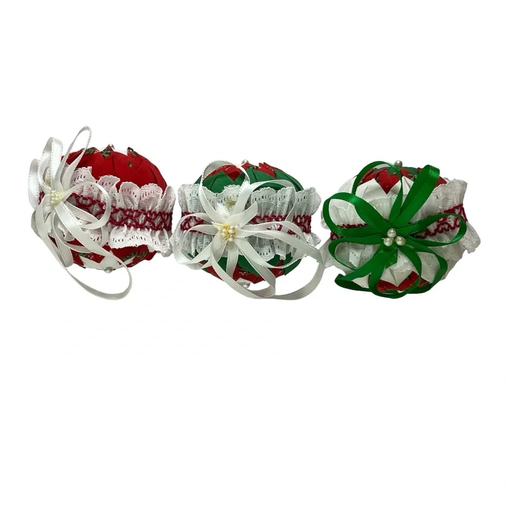 Vintage Handmade Folded Fabric Multicolor Christmas Ball‎ Ornaments Set of 7